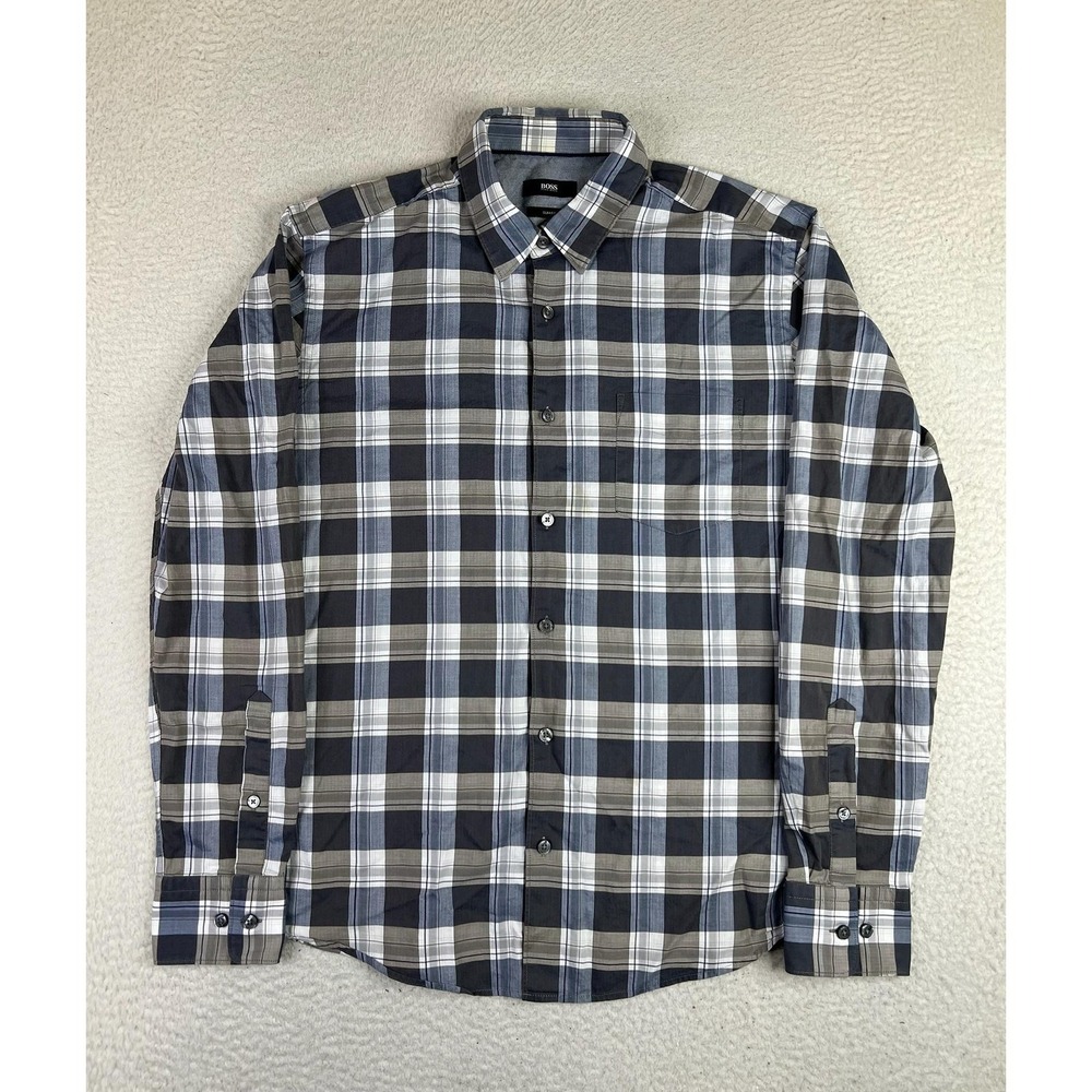 Hugo Boss Mens Large Blue Gray Plaid Cotton Long Sleeve Slim Fit Button-Up Shirt